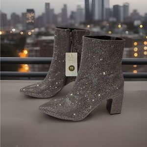 A New Day Rhinestone Sparkle Silver Ankle Boots Block Heel Size 11 NWT!